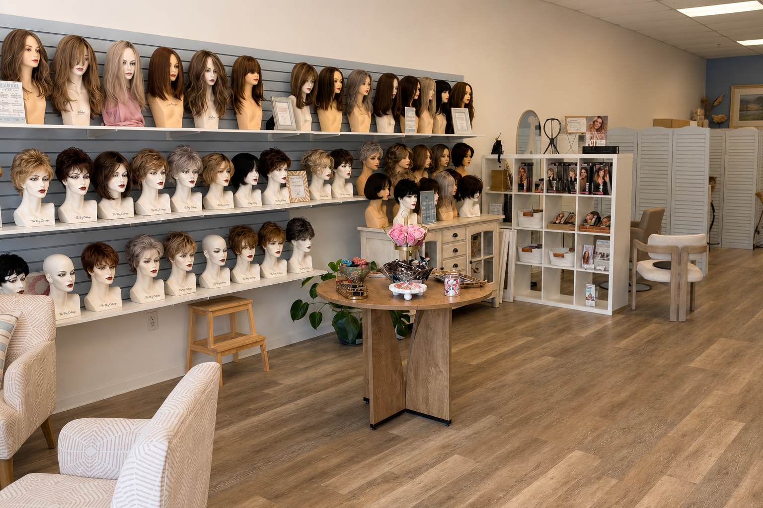 A serene wig salon styling chair beside a window overlooking the ocean